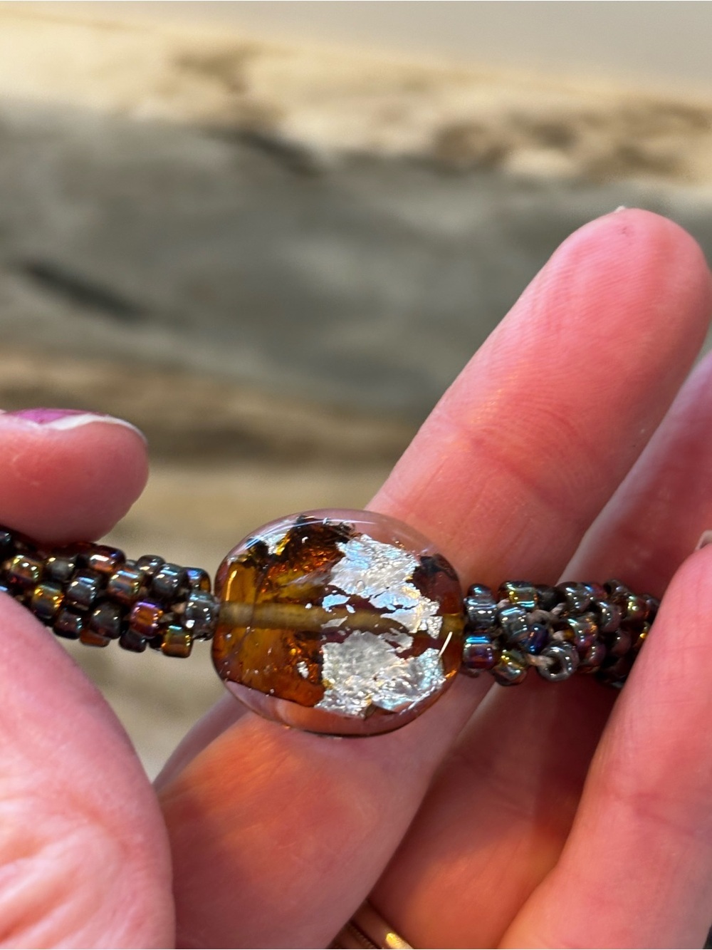 Handcrafted Brown Glass Bead Necklace with Amber Focal Pendant - Picture 7 of 9